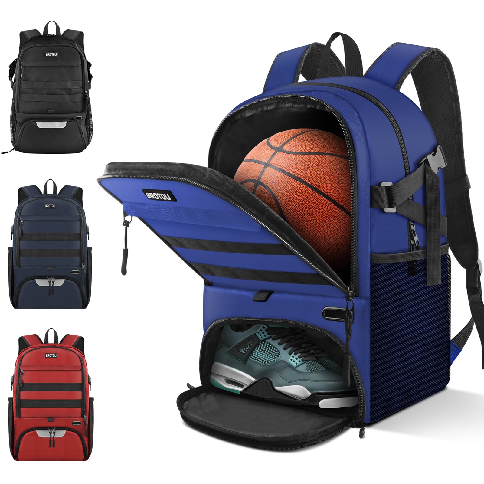 Mochila BROTOU para Baloncesto de Gran Capacidad con Portabalón y Compartimento para Zapatos para Baloncesto, Fútbol y Voleibol (Azul)