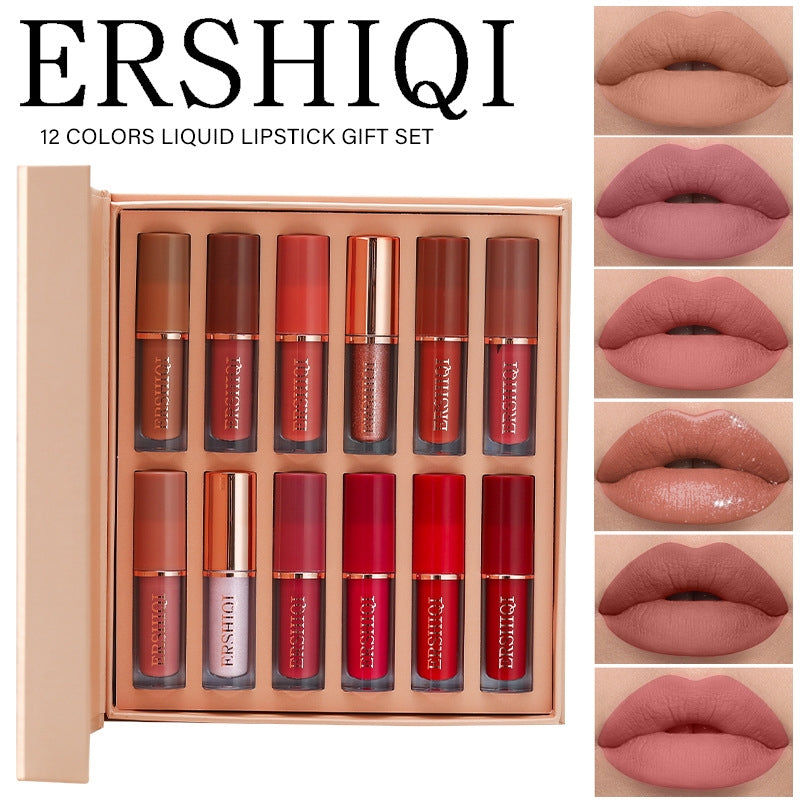 Caja de Regalo de 12 pcs de Lápiz Labial Mate Aterciopelado Hidratante