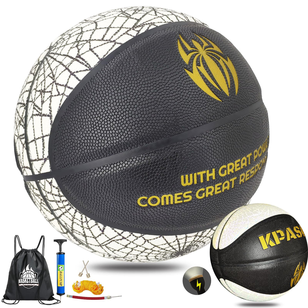Balón de Baloncesto Holográfico KPASON de Cuero Reflectante que Brilla en Tamaño 7 con Bomba (Negro Blanco)