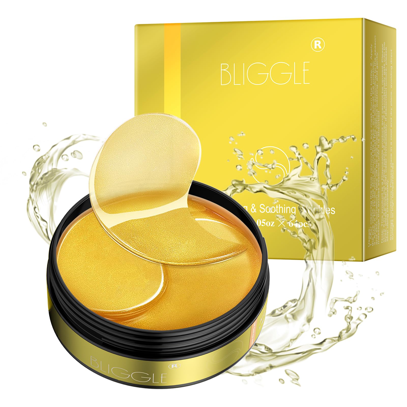 Parches para el Contorno de Ojos BLIGGLE (64 piezas) - Mascarilla de Ojos de Oro de 24K con Ácido Hialurónico, Cuidado Refrescante para Ojos Hinchados y Tratamiento de Ojeras, Reduce Bolsas Bajo los Ojos y Alisa Arrugas